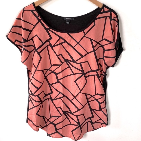 Espresso Blush and Black abstract Printed short sleeve scoop neck blouse, size L - Picture 1 of 7